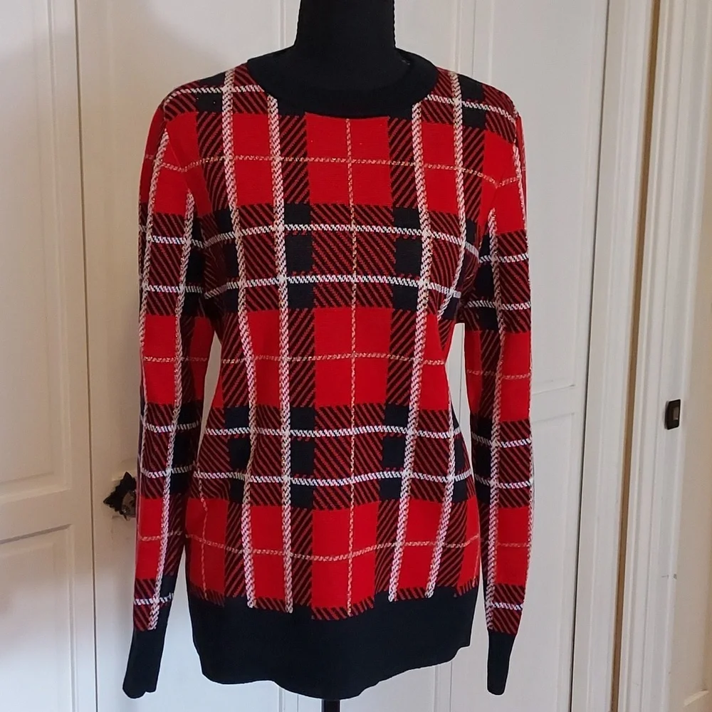 Macy's Charter Club Sweater Red Black Plaid Size L